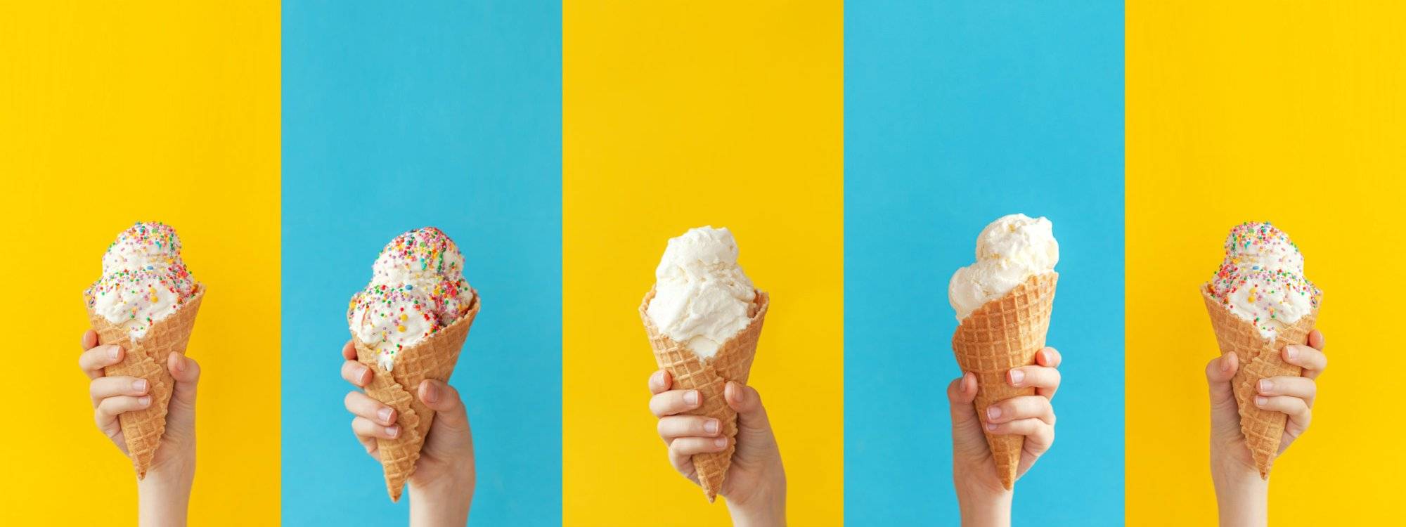 Child holding a vanilla ice cream cone on a bright yellow and blue background. Banner